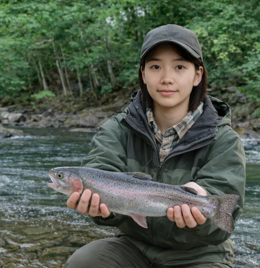 興部川でニジマスの釣果を得た森永.webp