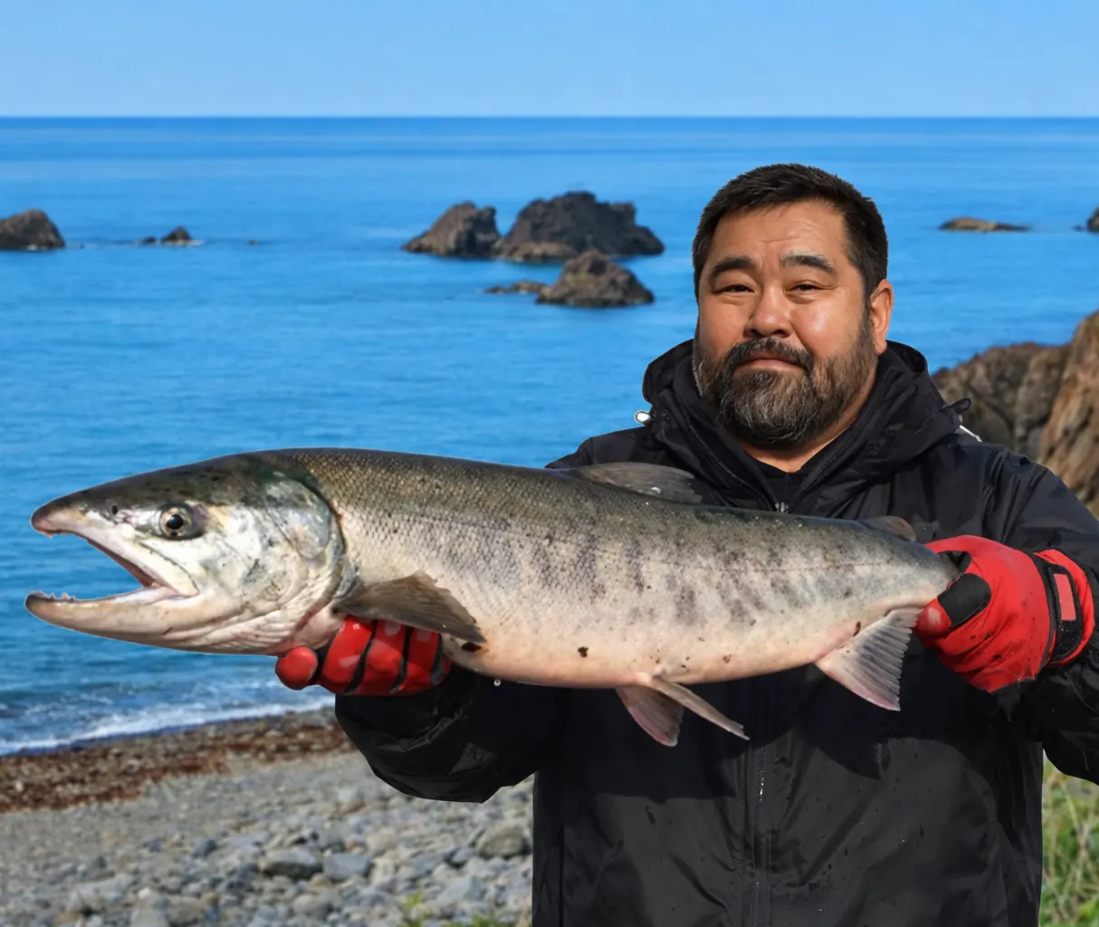 良瑠石川河口でサケの釣果を得た楢崎.webp