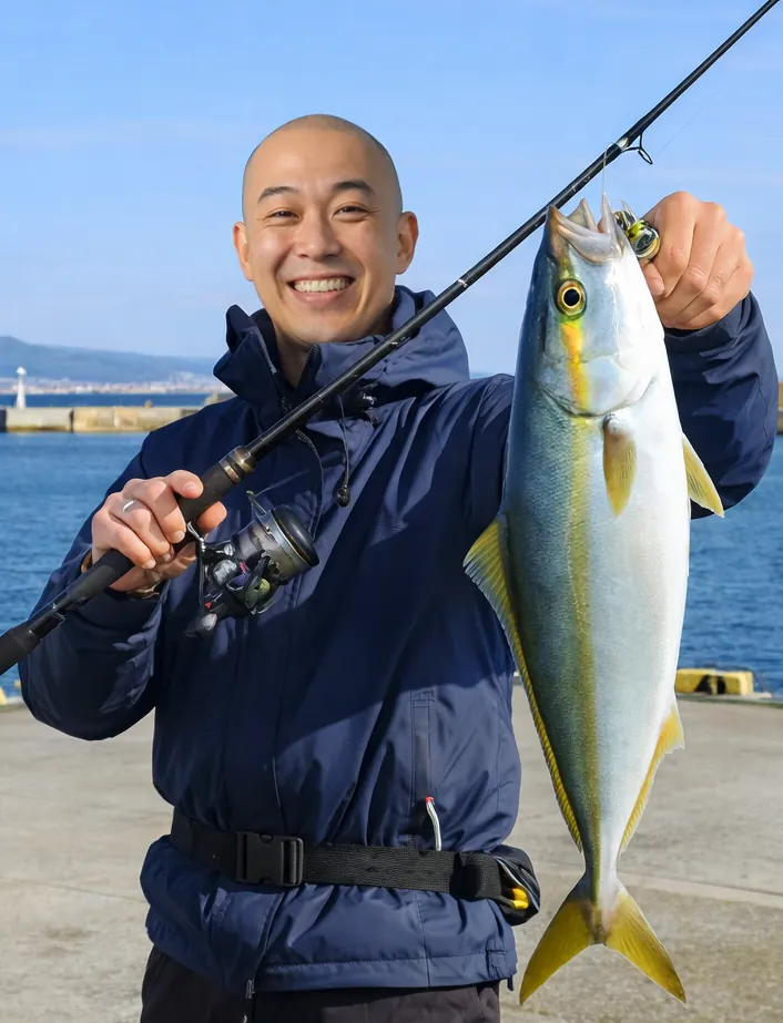 茂辺地漁港でブリの釣果を得たがんだま君.webp