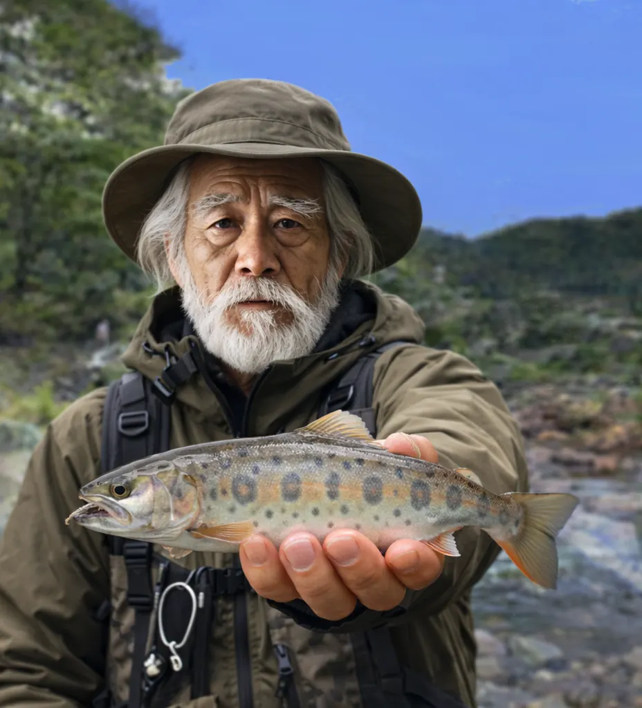 荒城川でヤマメの釣果を得た米田.webp