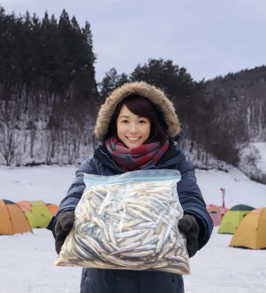 菜魚湖でワカサギの釣果を得た西岡.webp