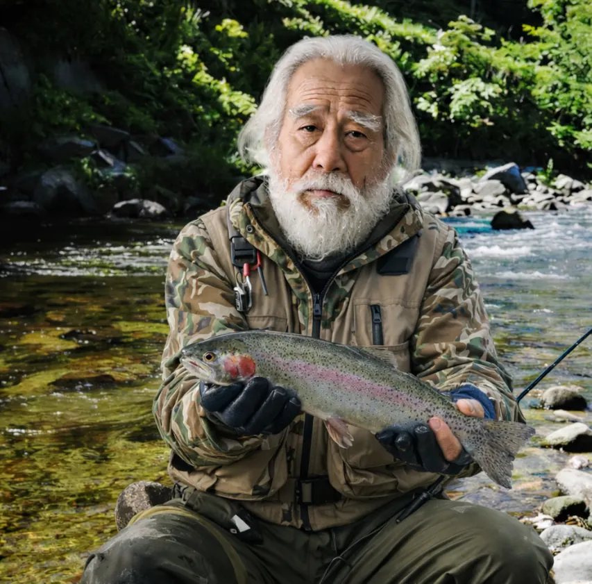 落部川でニジマスの釣果を得た米田.webp
