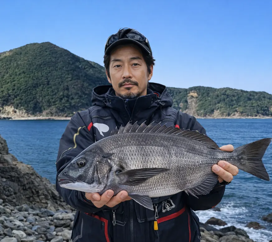 蒲生田岬でチヌの釣果を得た佐々木.webp