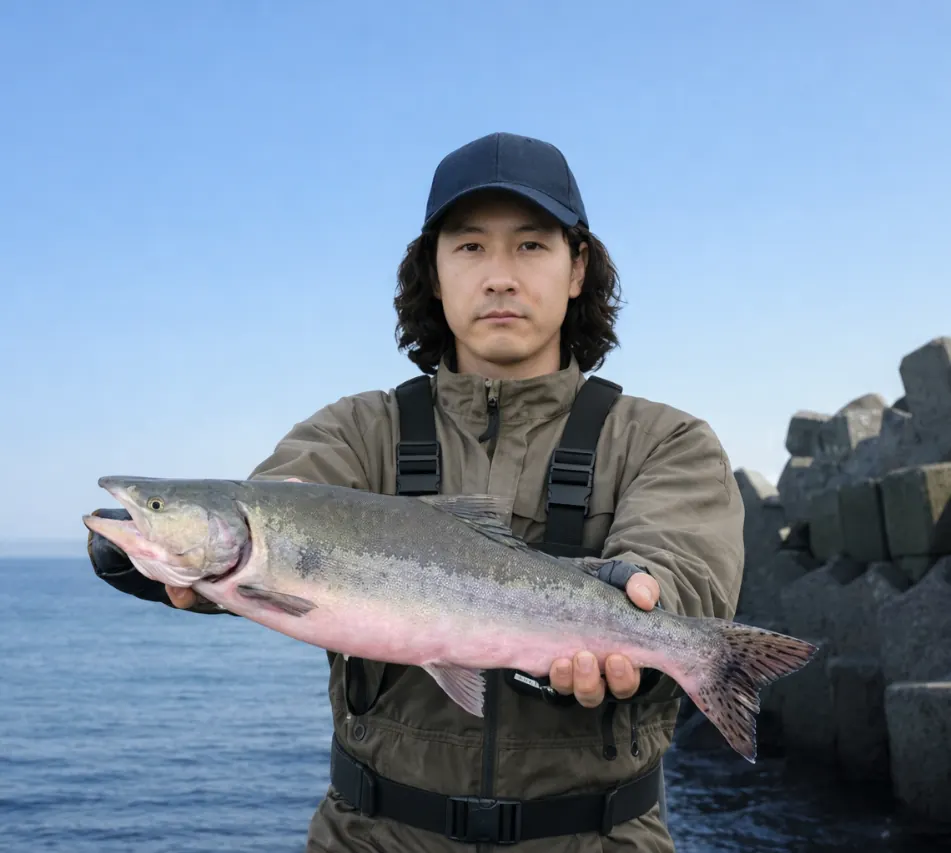 藻興部川河口でカラフトマスの釣果を得た岸本.webp