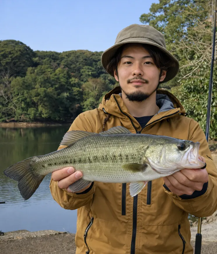 諏訪の池でブラックバスの釣果を得た澤田.webp