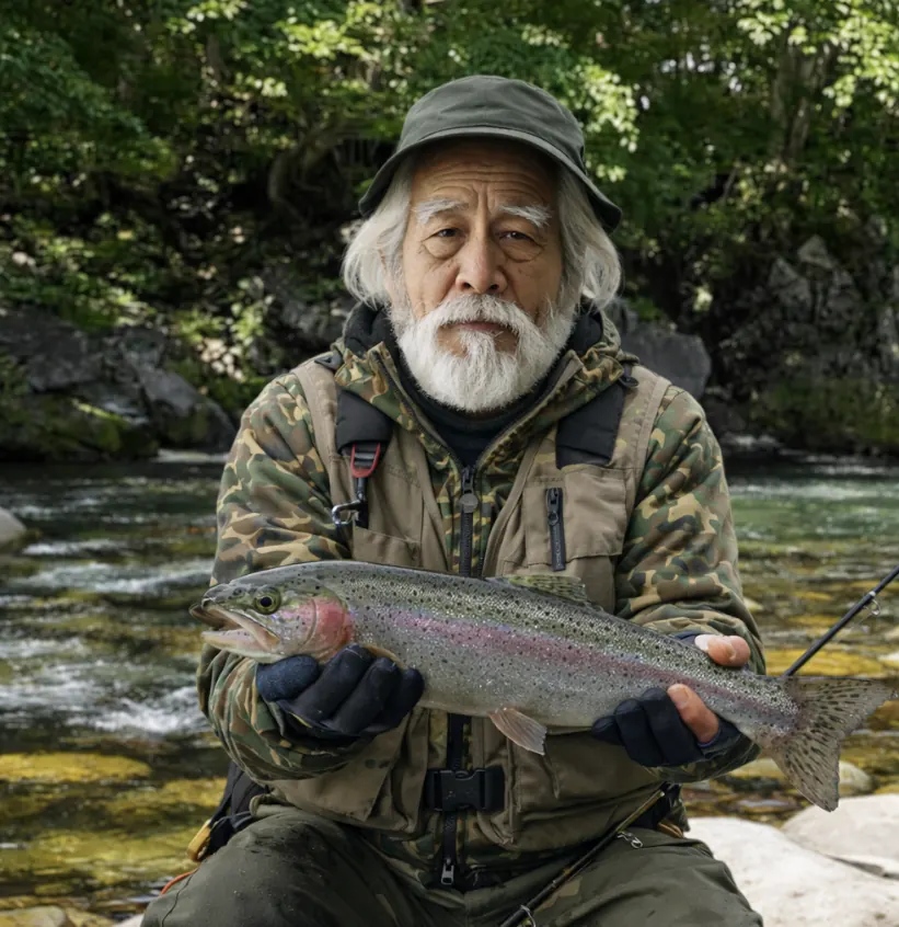 豊似川でニジマスの釣果を得た米田.webp