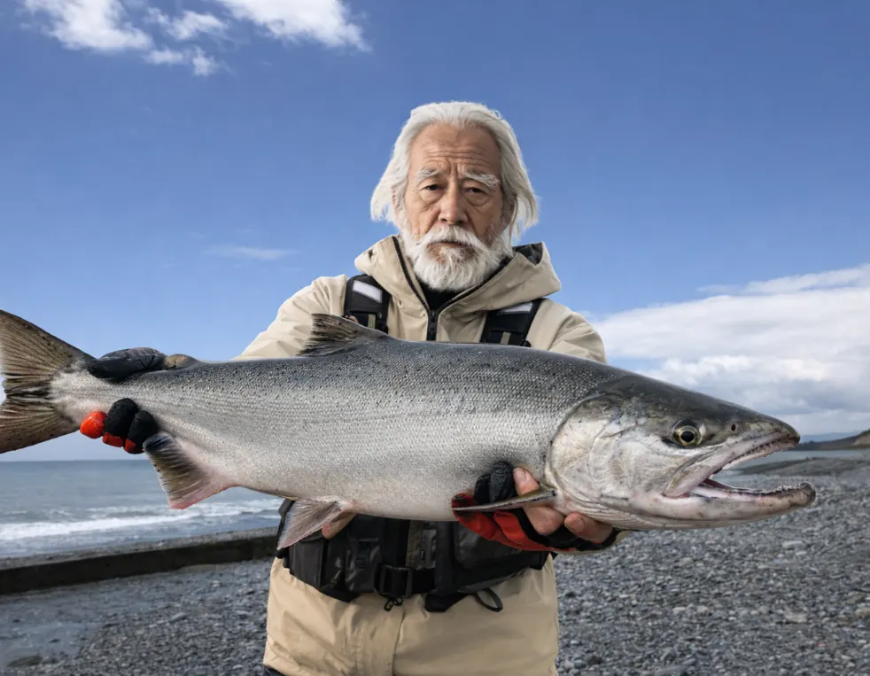 豊似川河口でサケの釣果を得た米田.webp