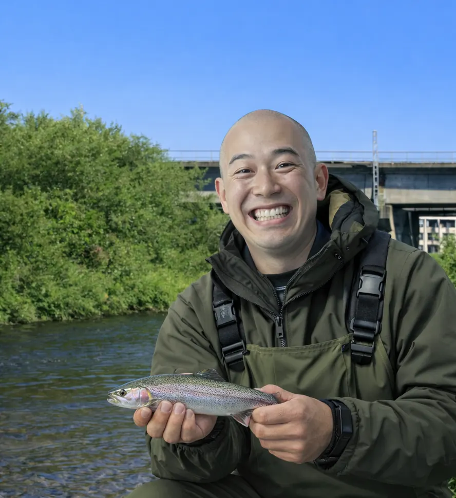 豊平川でニジマスの釣果を得たがんだま君.webp
