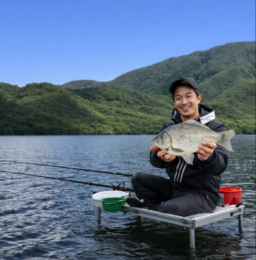 赤城大沼でヘラブナの釣果を得た勝田.webp