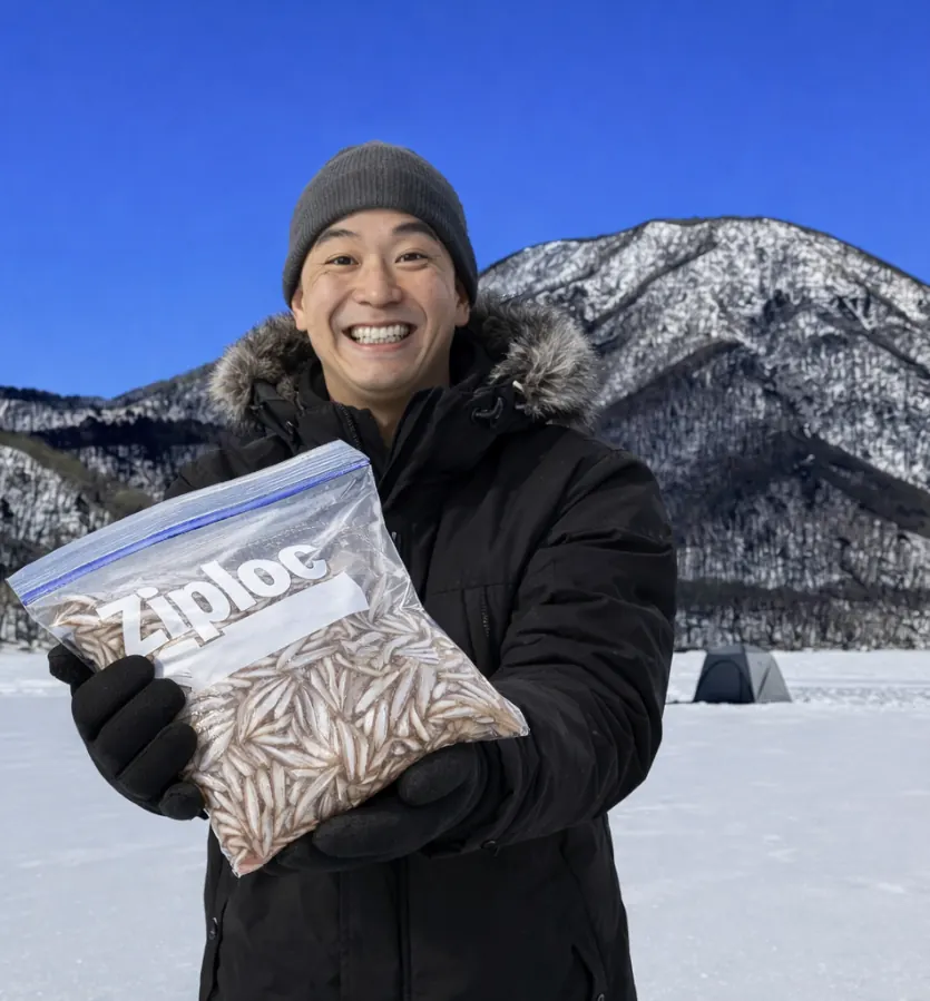 赤城大沼でワカサギの釣果を得たがんだま君.webp