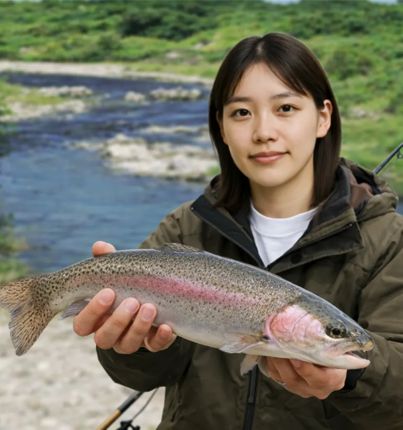 辺別川でニジマスの釣果を得た森永.webp