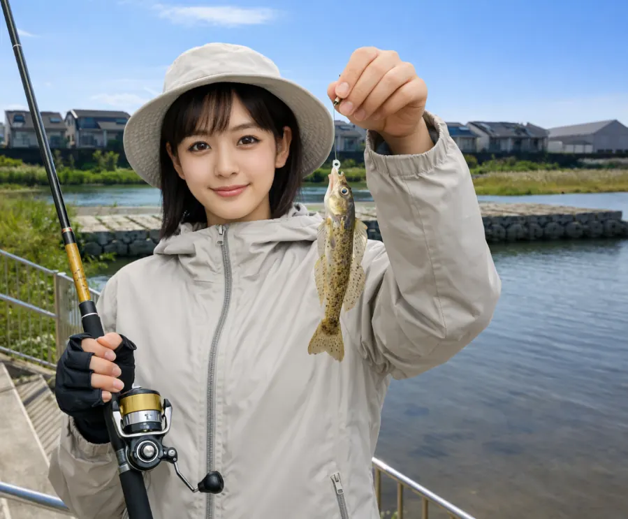 近木川でハゼの釣果を得た女性.webp