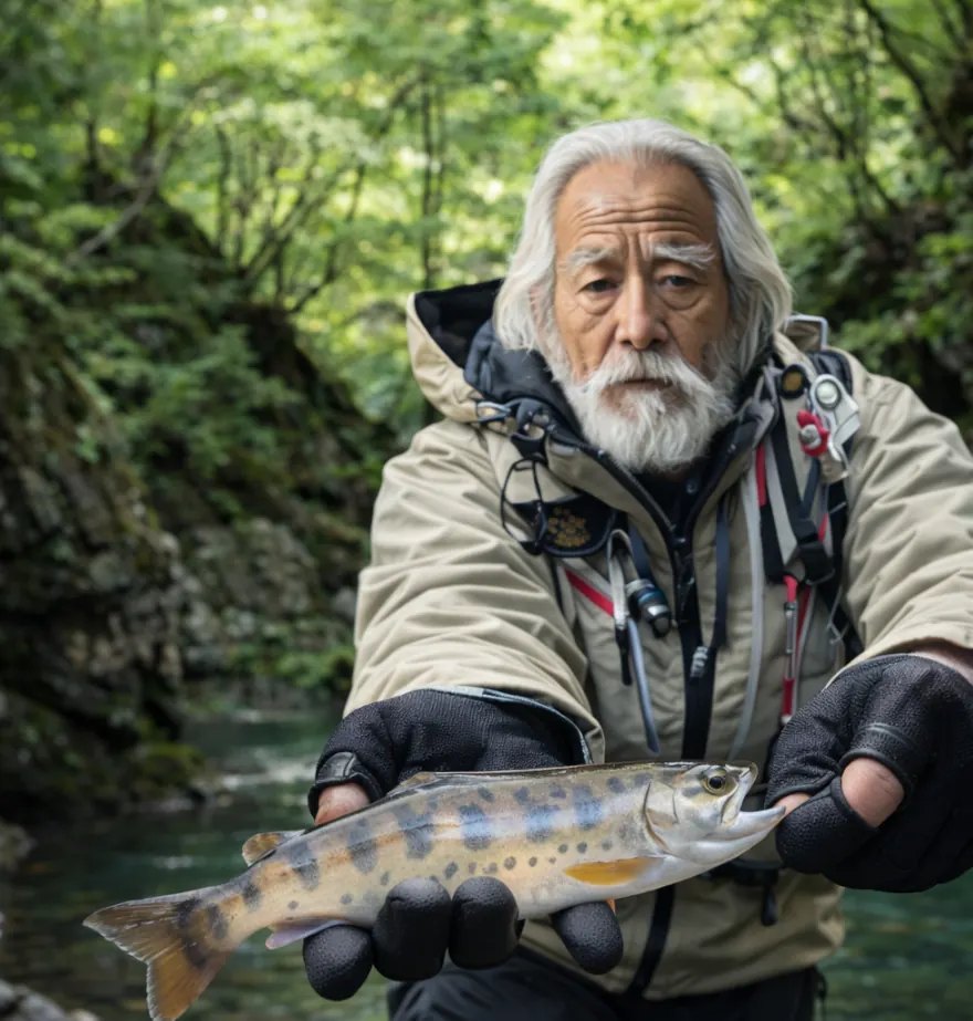 追良瀬川でヤマメの釣果を得た米田.webp