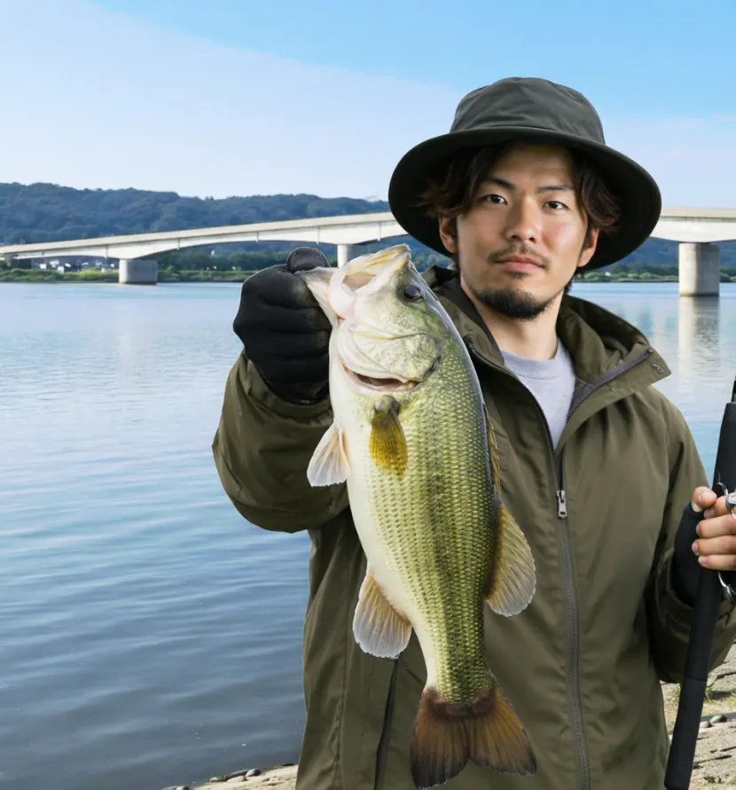 邑知潟でブラックバスの釣果を得た澤田.webp