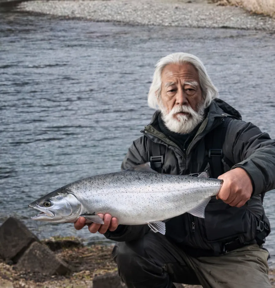 閉伊川でサクラマスの釣果を得た米田.webp