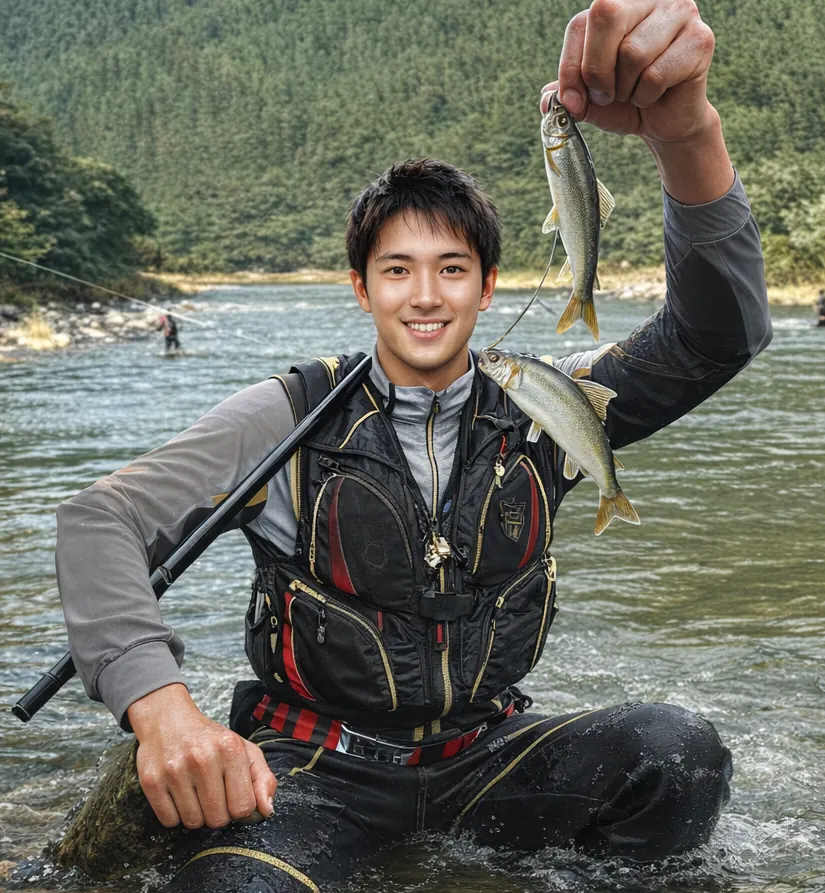 阿仁川でアユの釣果を得た新崎.webp