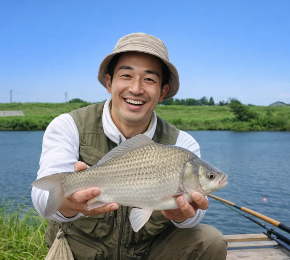 雁里沼でヘラブナの釣果を得た勝田.webp