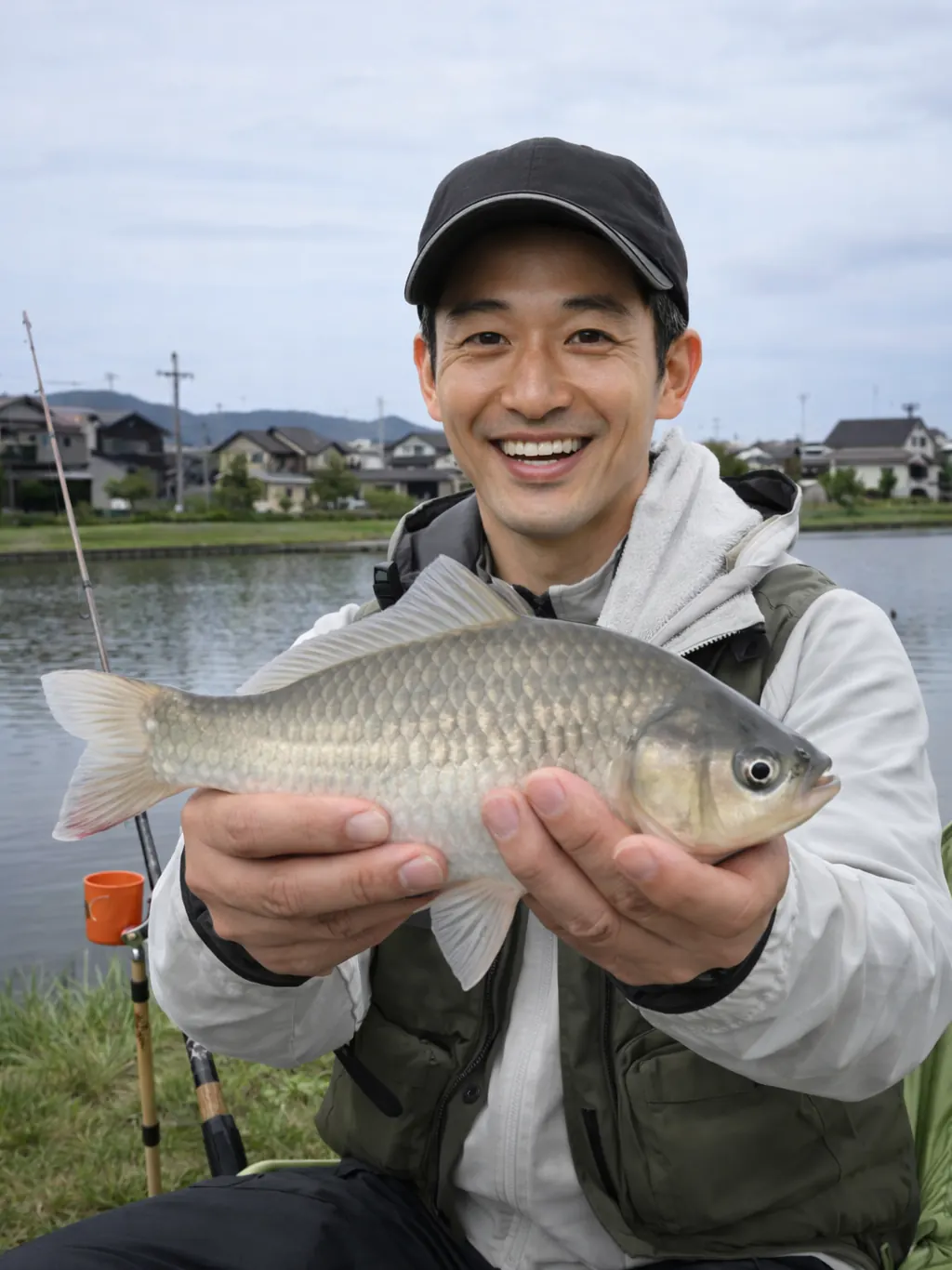 離湖でヘラブナの釣果を得た勝田.webp