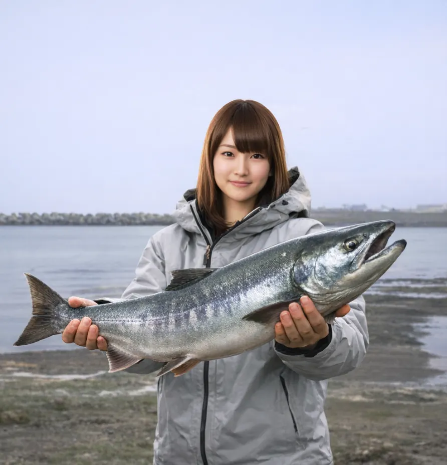 音標川河口でサケの釣果を得た山際.webp