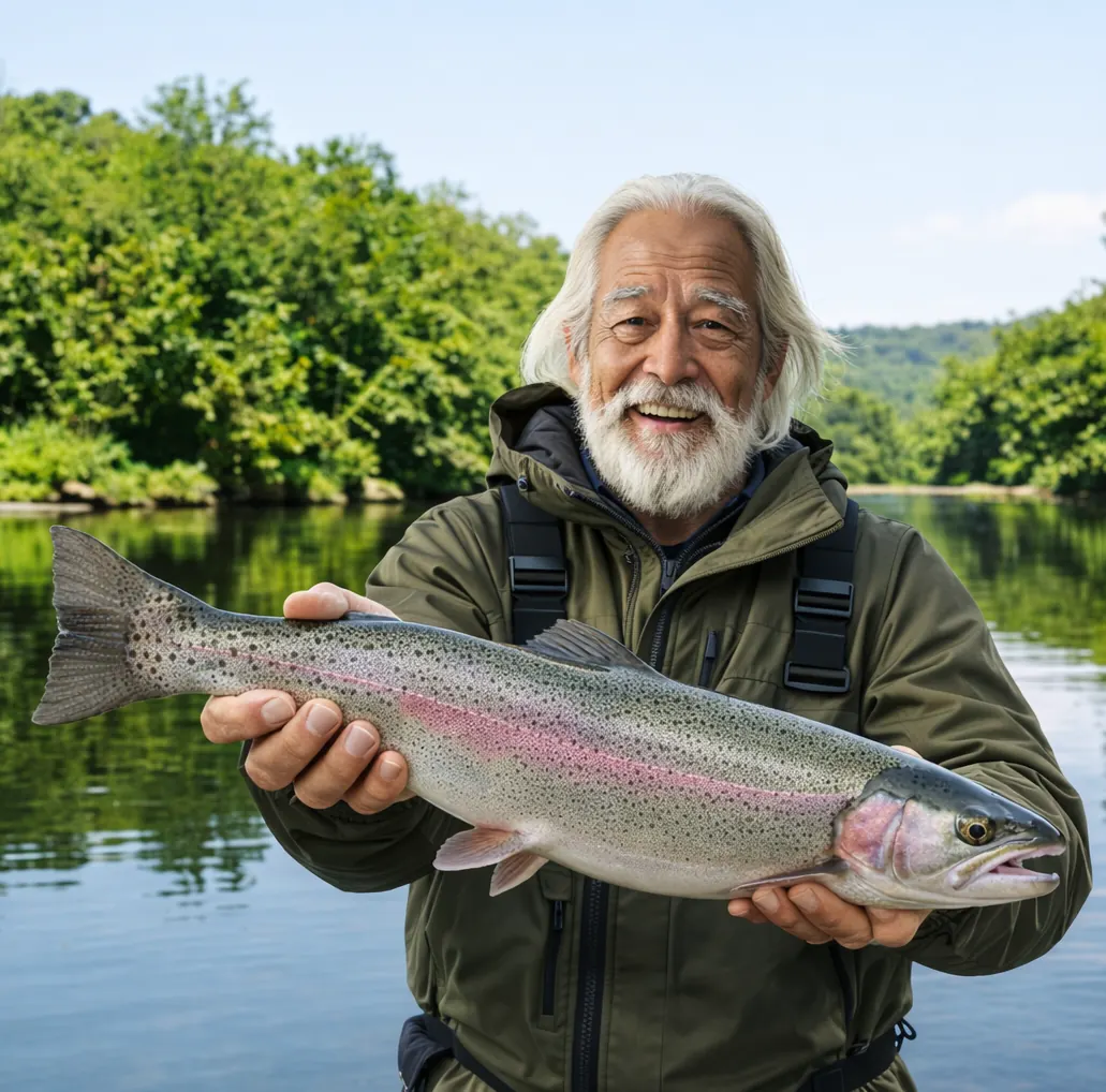 頓別川でニジマスの釣果を得た米田.webp