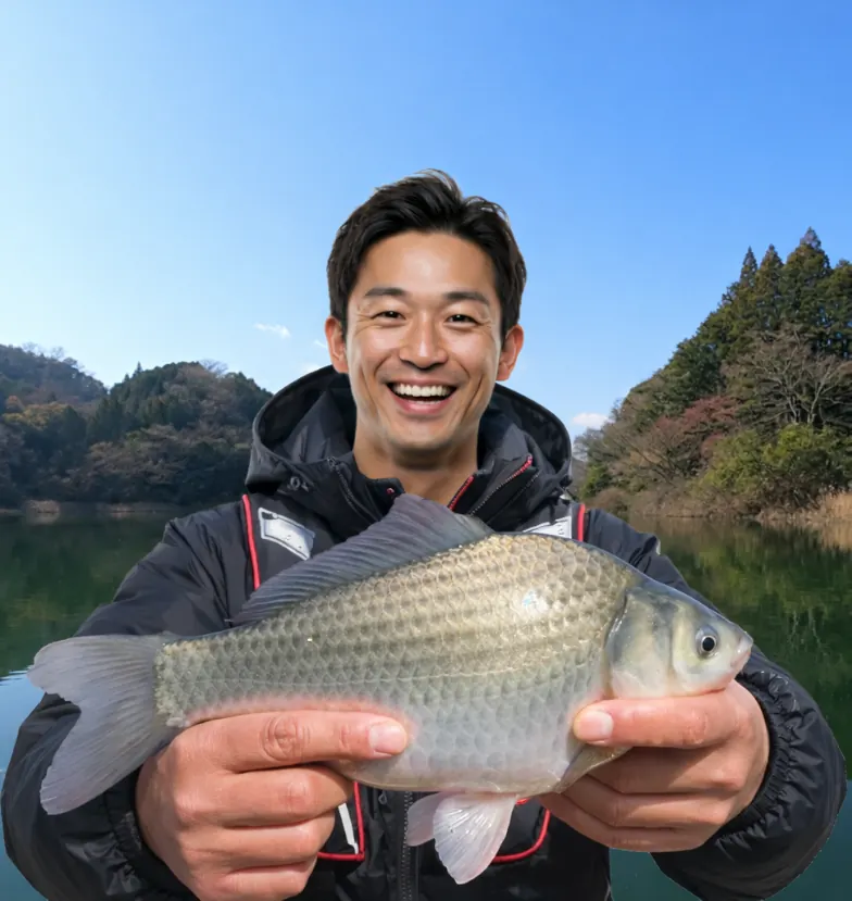 高山ダムでヘラブナの釣果を得た勝田.webp