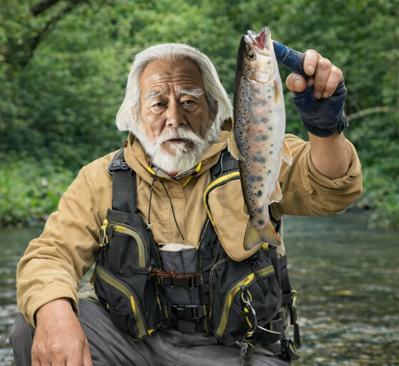 鬼面川でヤマメの釣果を得た米田.webp