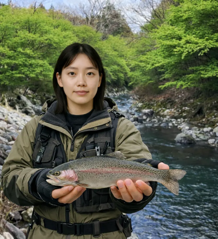 鮎沢川でニジマスの釣果を得た森永.webp