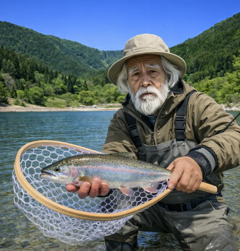 あららぎ湖でニジマスの釣果を得た米田.webp