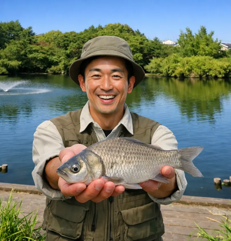 うどう沼公園でヘラブナの釣果を得た勝田.webp