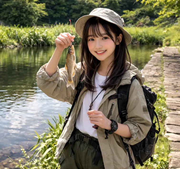 しらかしの池でクチボソの釣果を得た少女.webp