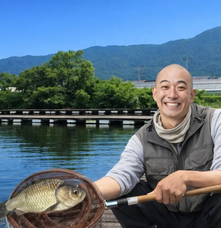 つつじ池でヘラブナの釣果を得たがんだま君.webp