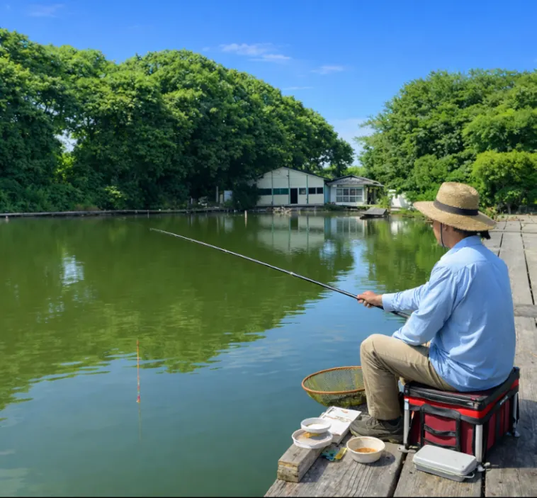 へら鮒村国園でヘラブナの釣果を得た人間.webp