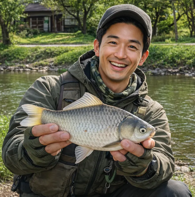 アルカディア公園でヘラブナの釣果を得た勝田.webp
