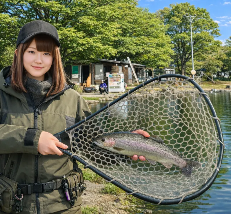 アングラーズプラッツでニジマスの釣果を得た山際.webp
