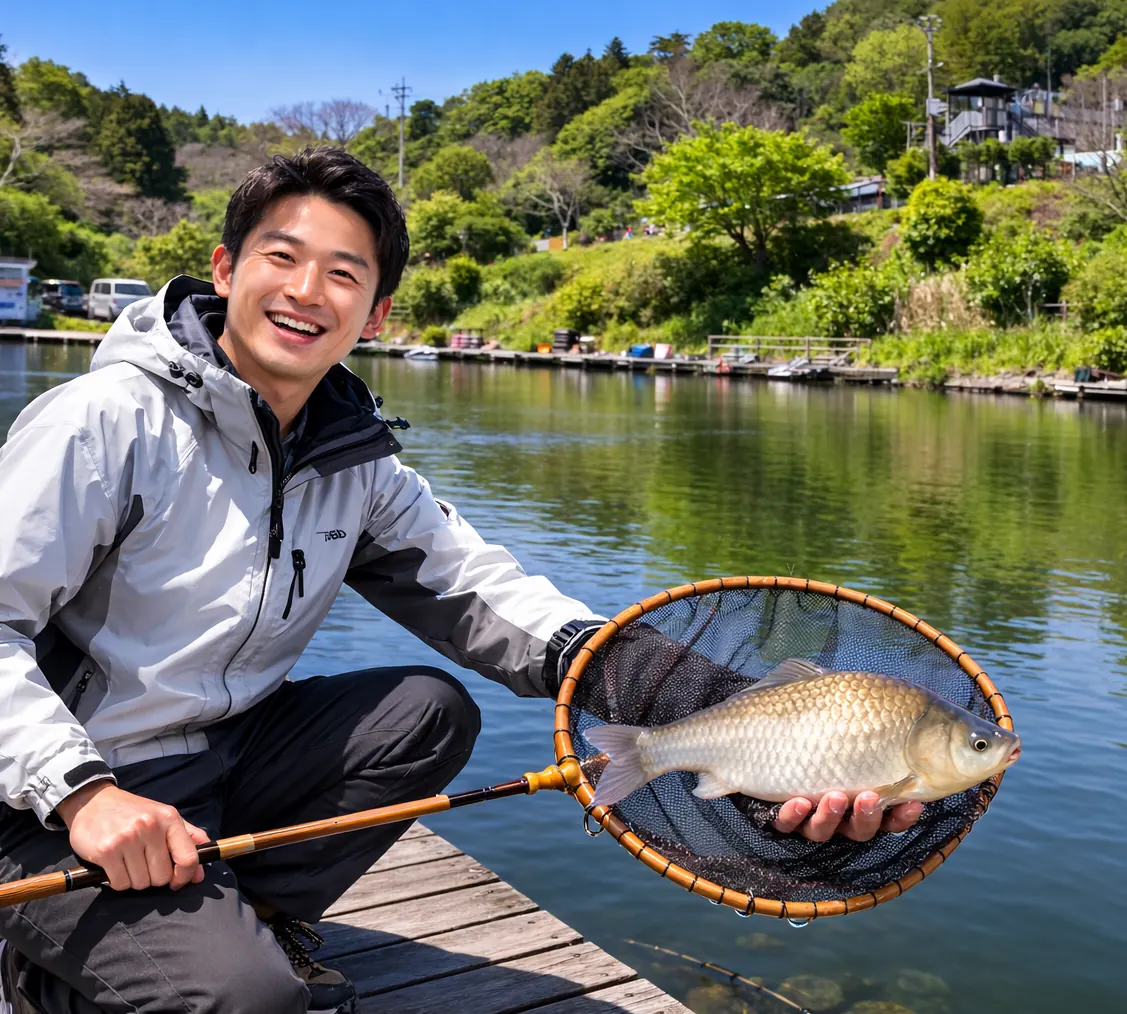 アート・ヘラ・ポンドでヘラブナの釣果を得た勝田.webp