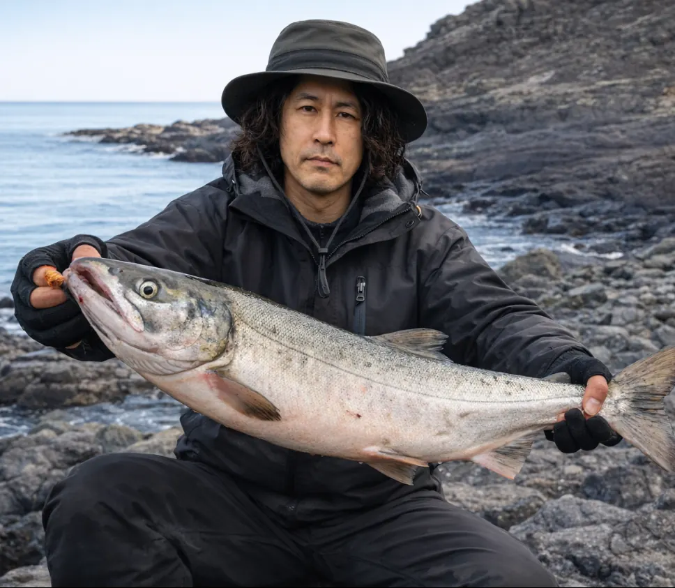 オシンコシンの滝下でサケの釣果を得た岸本.webp