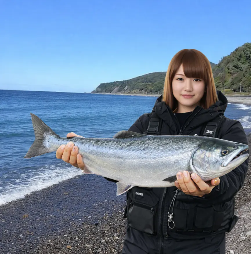 オンネベツ川河口でサケの釣果を得た山際.webp