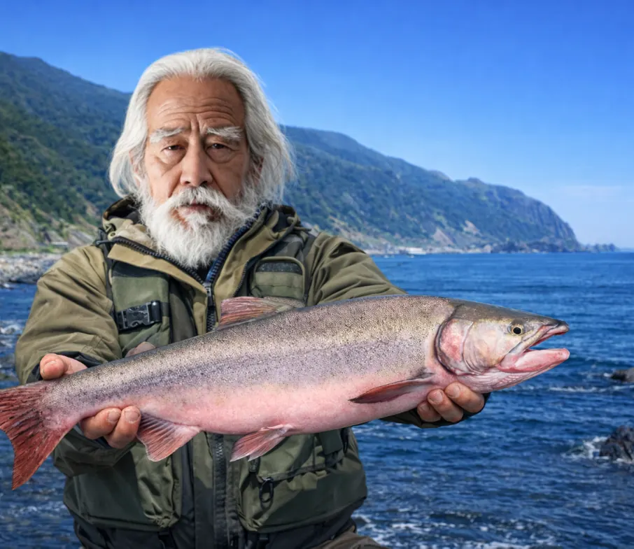 カモイウンベ川河口でカラフトマスの釣果を得た米田.webp