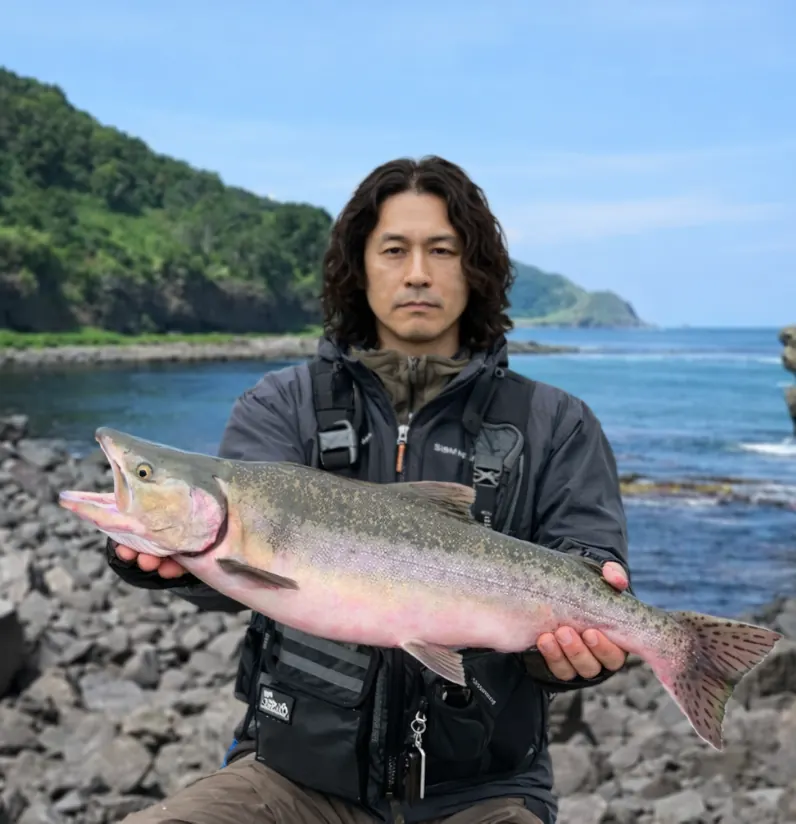 クズレ滝でカラフトマスの釣果を得た岸本.webp