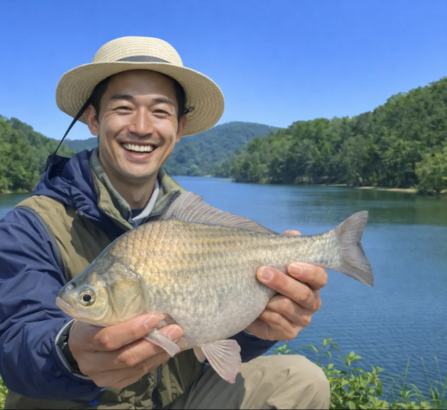 サイカチ沼でヘラブナの釣果を得た勝田.webp