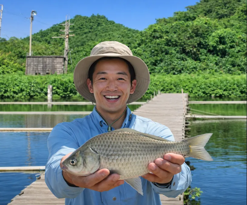 フィッシングセンター竹の内でヘラブナの釣果を得た勝田.webp
