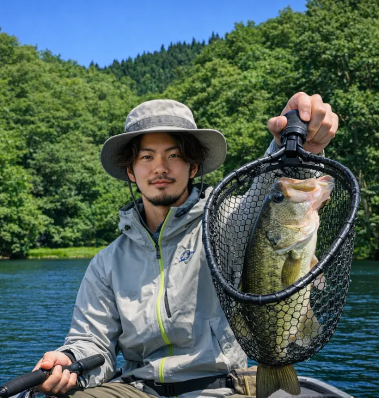 ブルーベリーポンドでブラックバスの釣果を得た澤田.webp