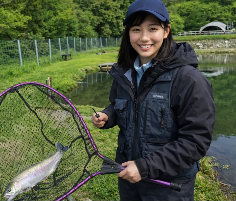 リバーベース塩瀬でニジマスの釣果を得た黒川.webp