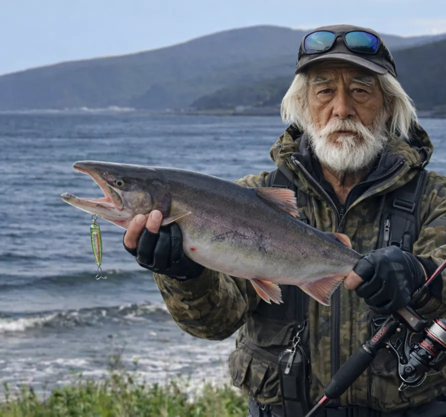 ルサ川河口でカラフトマスの釣果を得た米田.webp