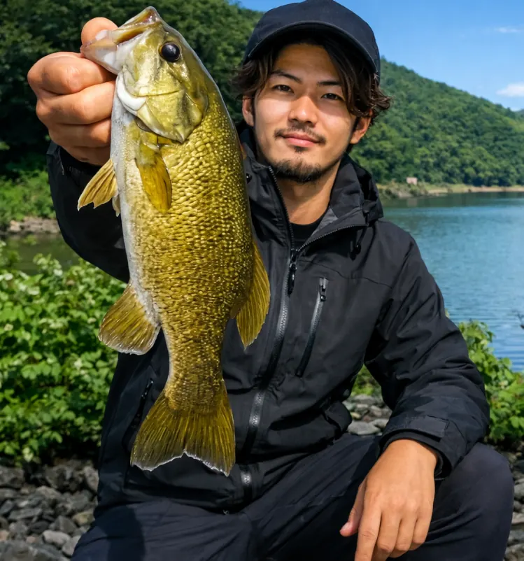 七北田ダムでブラックバスの釣果を得た澤田.webp