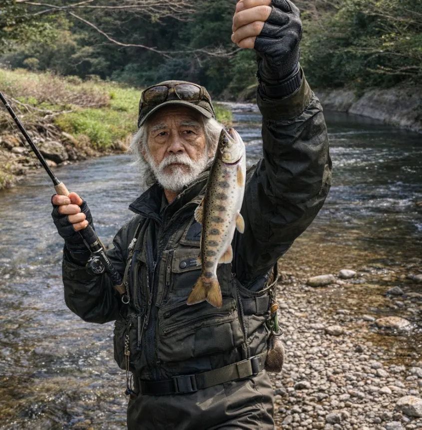 三蔵川でヤマメの釣果を得た米田.webp