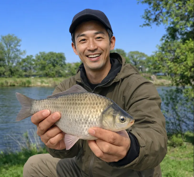 三重湖でヘラブナの釣果を得た勝田.webp