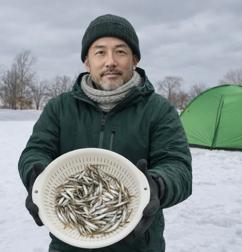 三重湖でワカサギの釣果を得た渡辺.webp