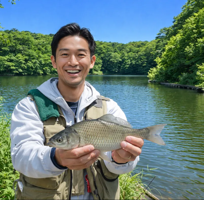 与兵衛沼でヘラブナの釣果を得た勝田.webp