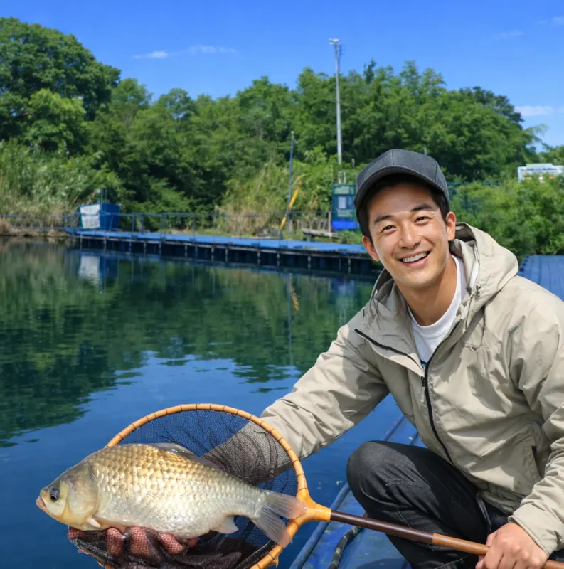 中の淵でヘラブナの釣果を得た勝田.webp